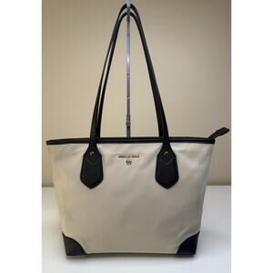 Michael Kors Eva Tote Medium Zip Top Cream Nylon Gabardine Leather Dual Strap